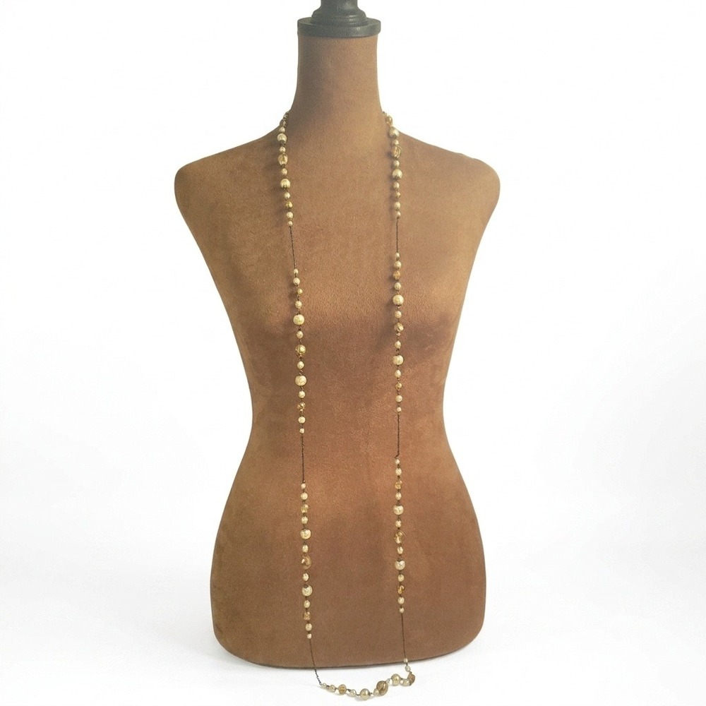 Vintage Style Long Faux Pearl Faceted Bead Station Necklace 58" Gold Tone